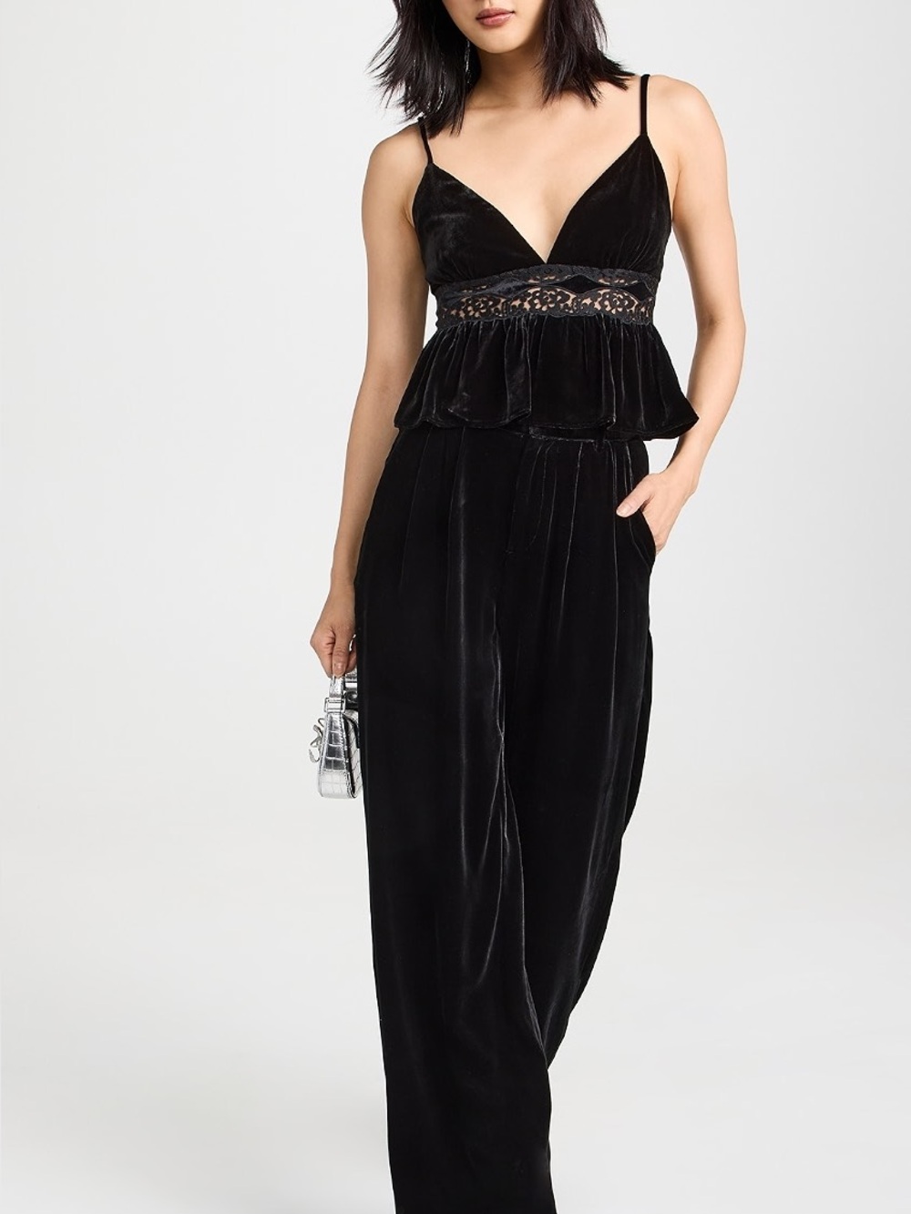 CAMI NYC Onia Cami Black Velvet Lace Middle Inset Peplum Deep V Neck Sz 4